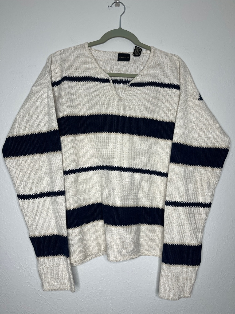 Vintage Striped Structure Sweater - Men’s M Cream and Navy V-Neck Cotton/Ramie